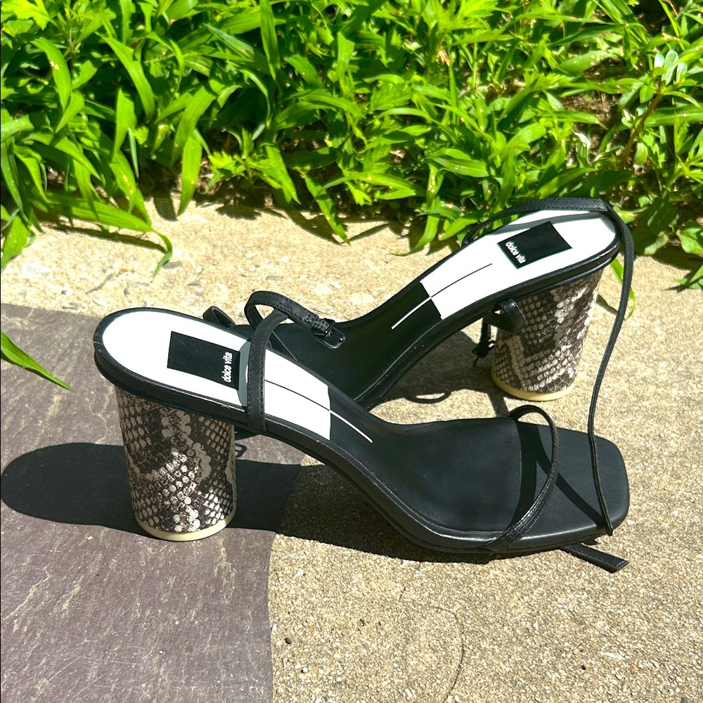 Amina Muaddi Black and White Heels with Snakeskin Detail